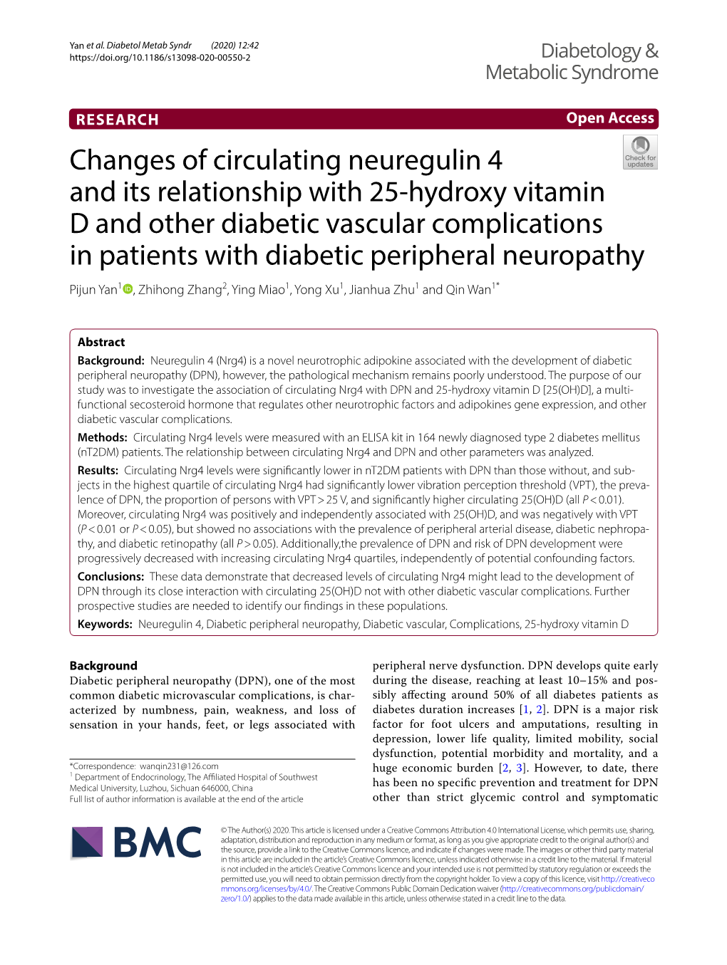 Changes of Circulating Neuregulin 4 and Its Relationship with 25-Hydroxy