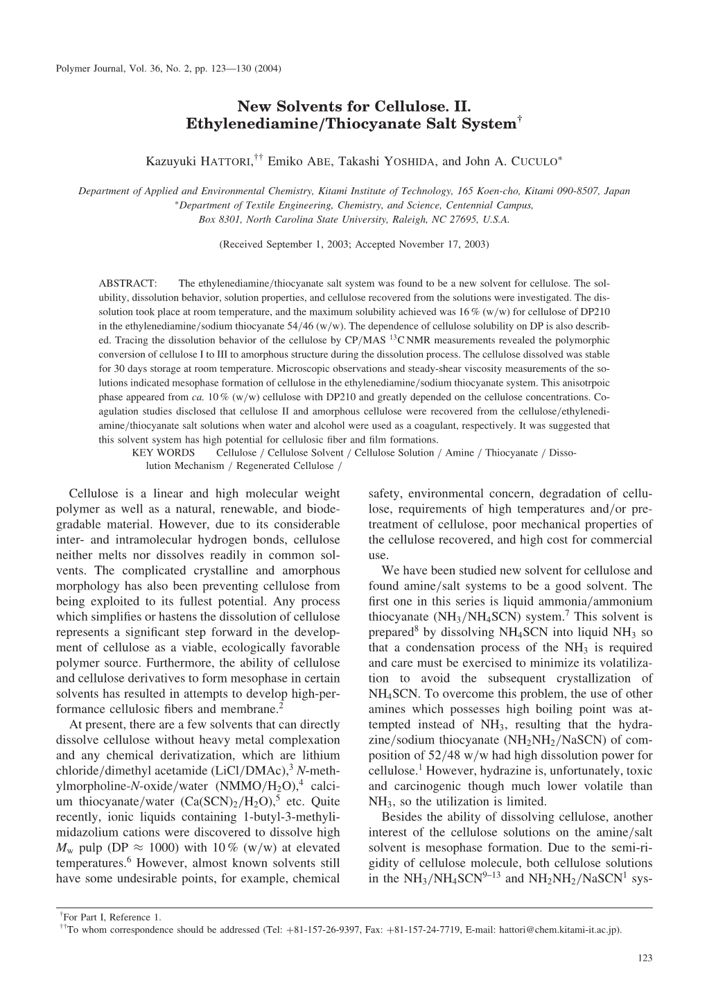 New Solvents for Cellulose. II. Ethylenediamine/Thiocyanate Salt Systemy