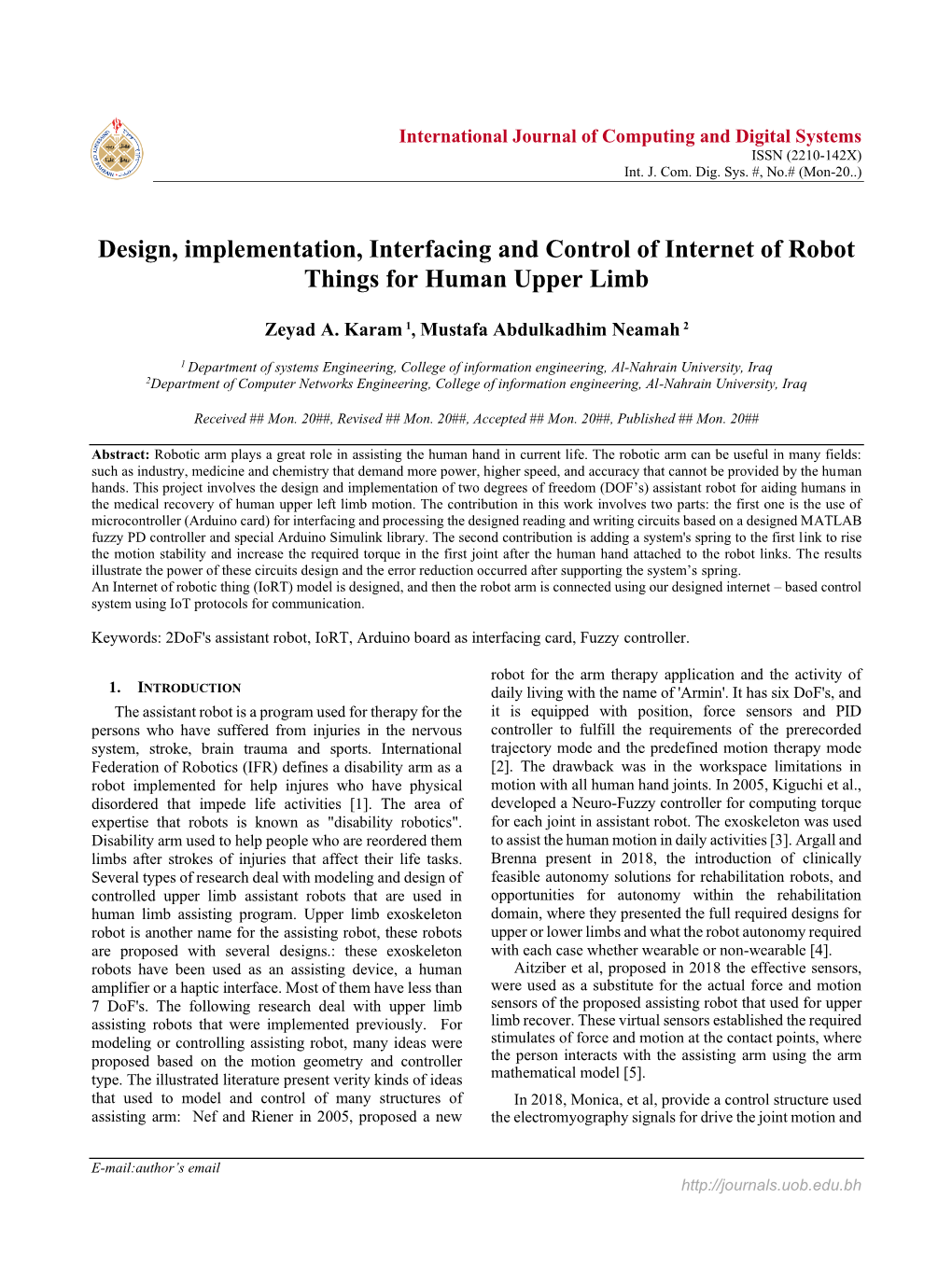 Design, Implementation, Interfacing and Control of Internet of Robot Things for Human Upper Limb