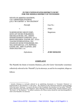 1 in the UNITED STATES DISTRICT COURT for the MIDDLE DISTRICT of TENNESSEE ESTATE of ARMETIA CHATMON, ) A/K/A ARMENTER CHATMON