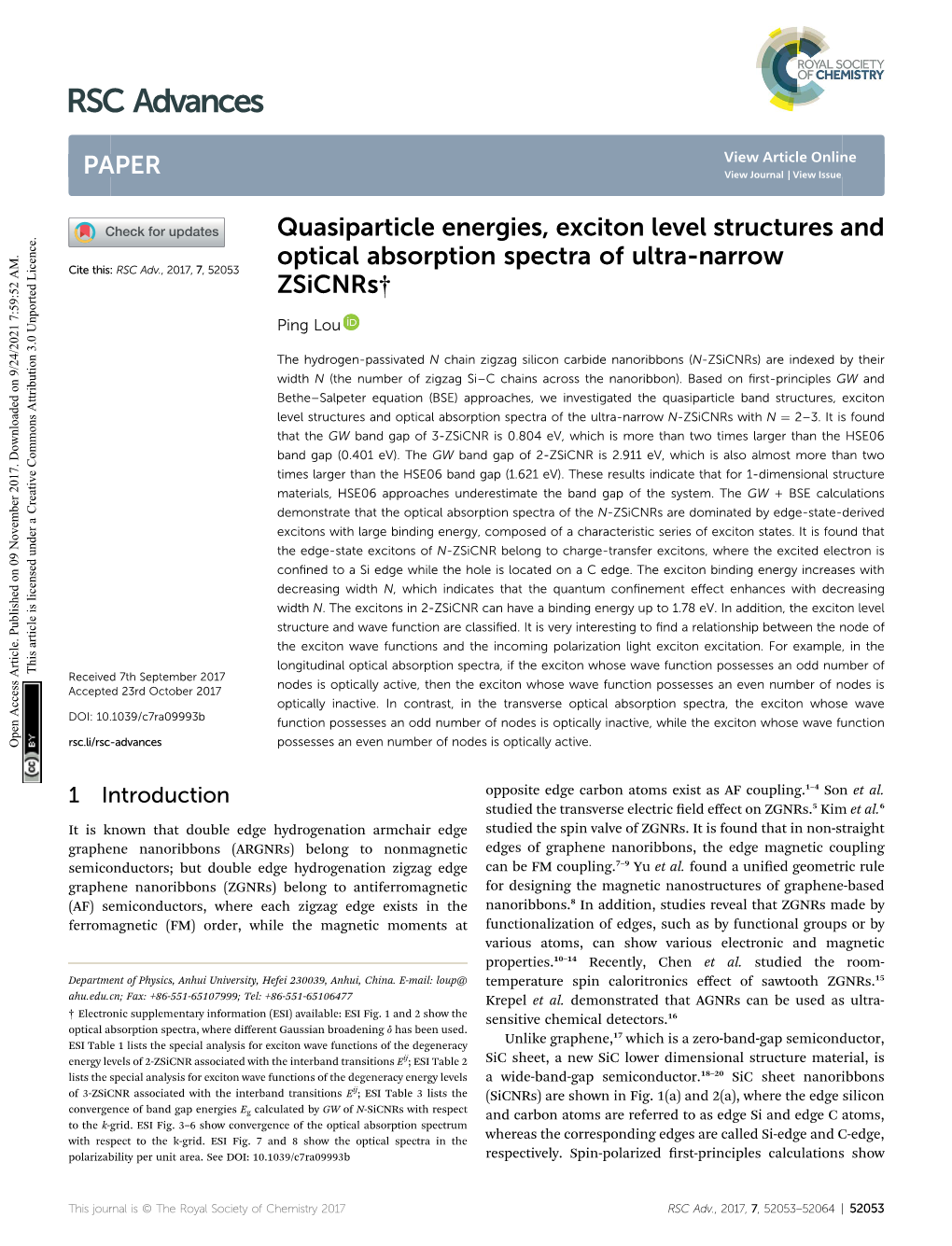 Quasiparticle Energies, Exciton Level Structures and Optical Absorption Spectra of Ultra-Narrow Cite This: RSC Adv.,2017,7,52053 Zsicnrs†