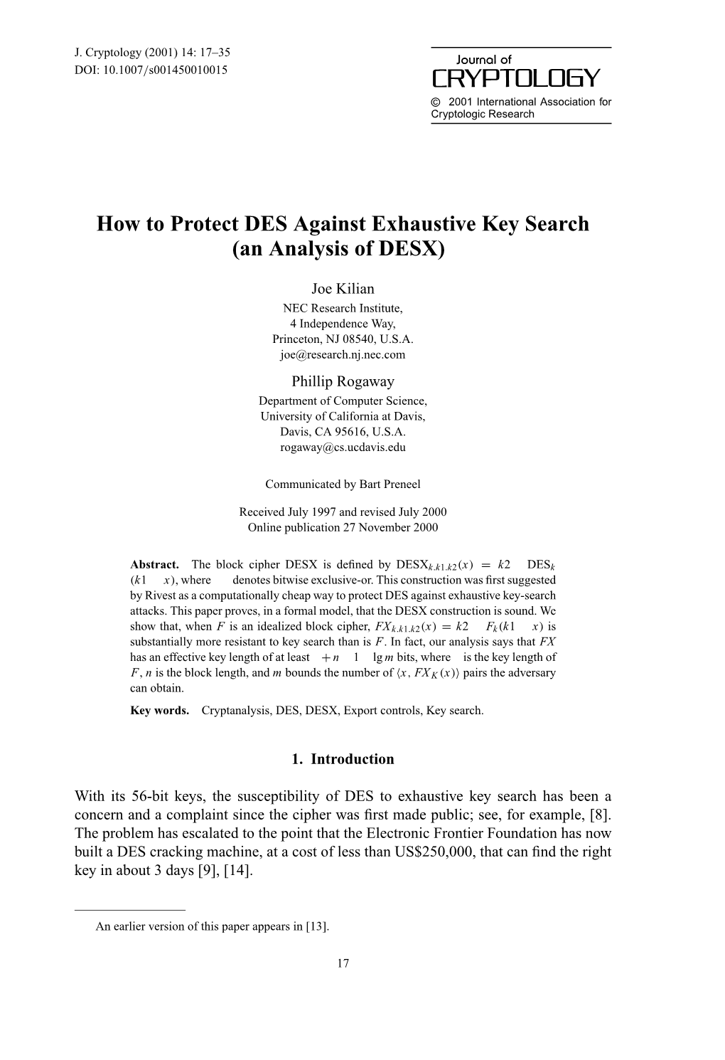 How to Protect DES Against Exhaustive Key Search (An Analysis of DESX)