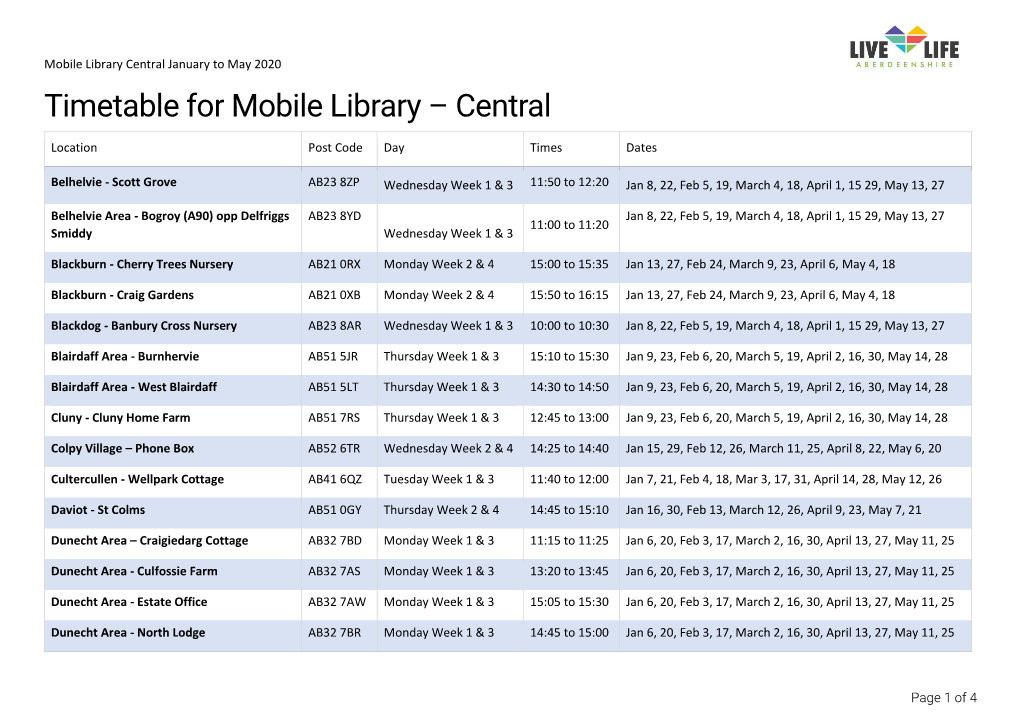 Timetable Mobile Library Central August