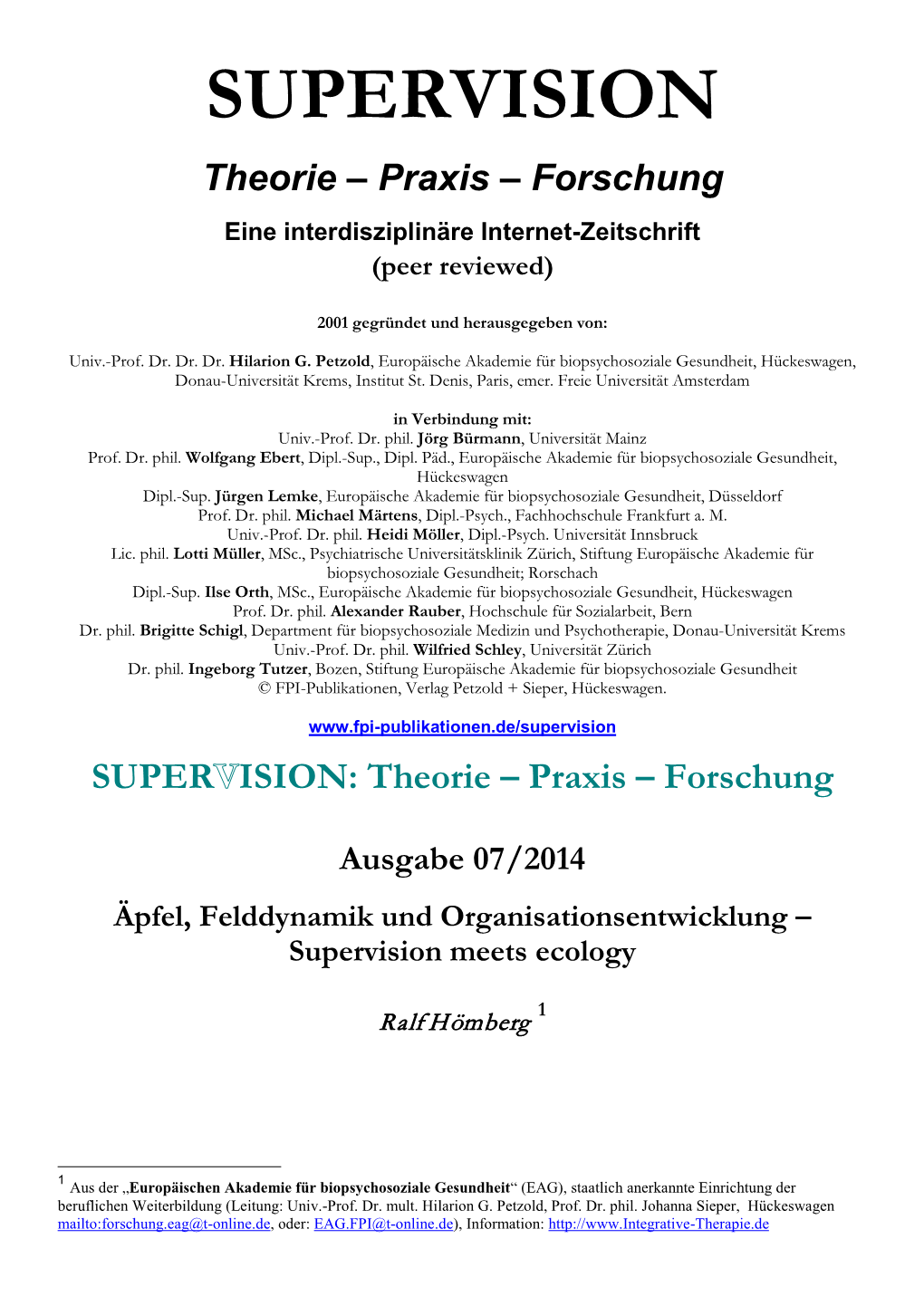 SUPERVISION Theorie – Praxis – Forschung Eine Interdisziplinäre Internet-Zeitschrift (Peer Reviewed)