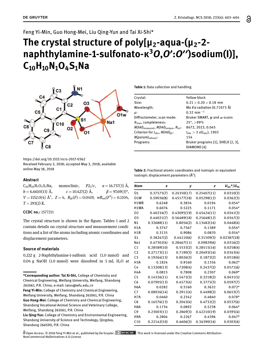 The Crystal Structure of Poly [Μ2-Aqua-(Μ2-2-Naphthylamine-1