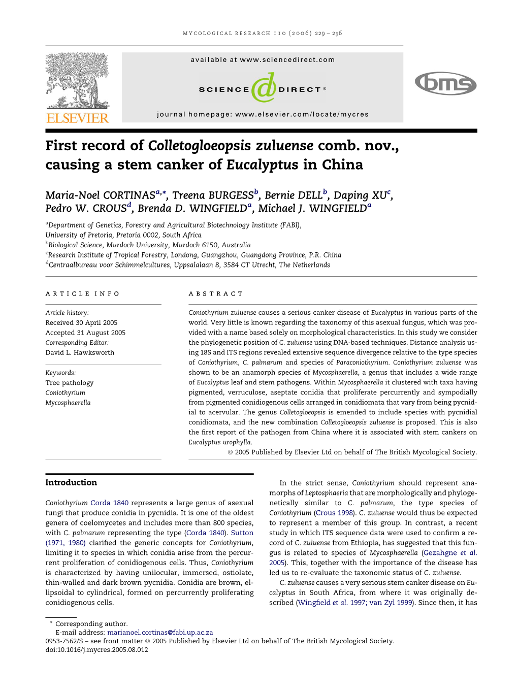 First Record of Colletogloeopsis Zuluense Comb. Nov., Causing a Stem Canker of Eucalyptus in China