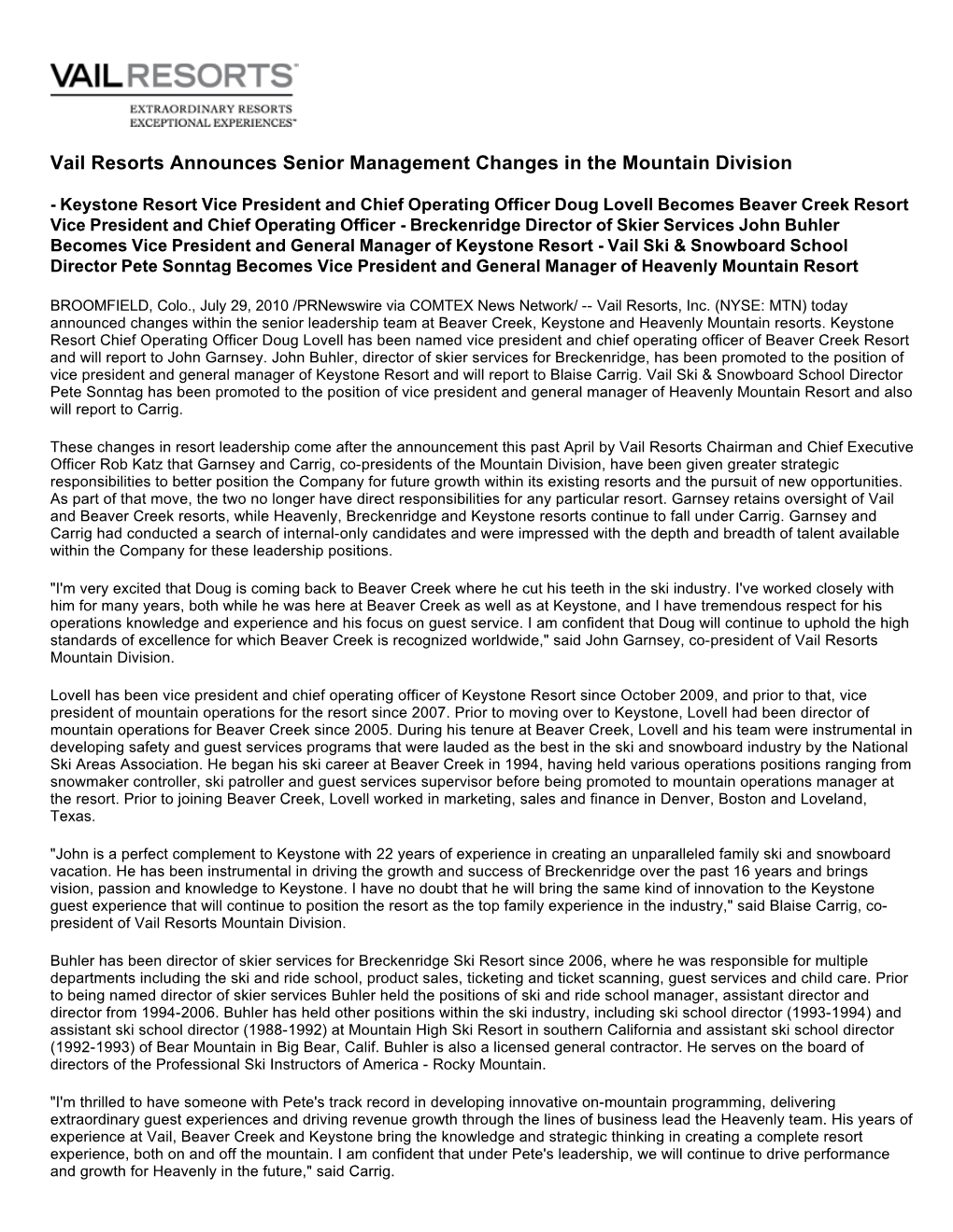 Vail Resorts Announces Senior Management Changes in the Mountain Division