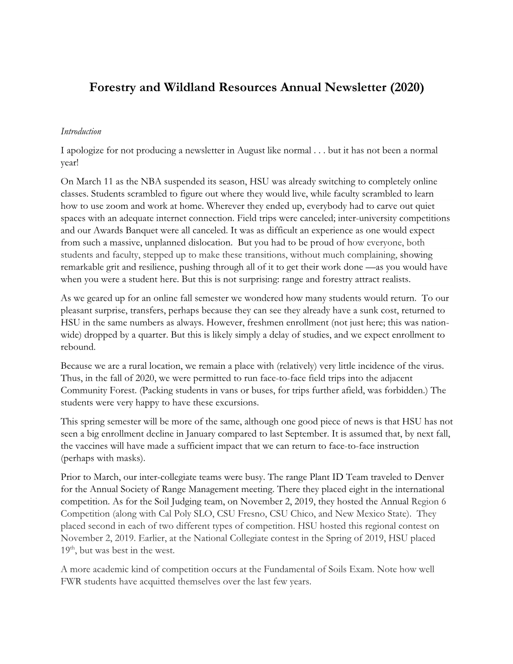 Forestry and Wildland Resources Annual Newsletter (2020)