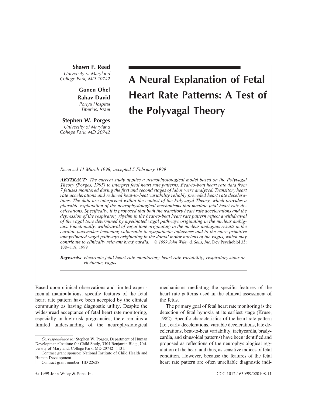 A Neural Explanation of Fetal Heart Rate Patterns: a Test of the Polyvagal