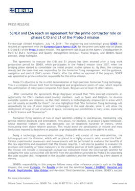 SENER and ESA Reach an Agreement for the Prime Contractor Role on Phases C/D and E1 of the Proba-3 Mission
