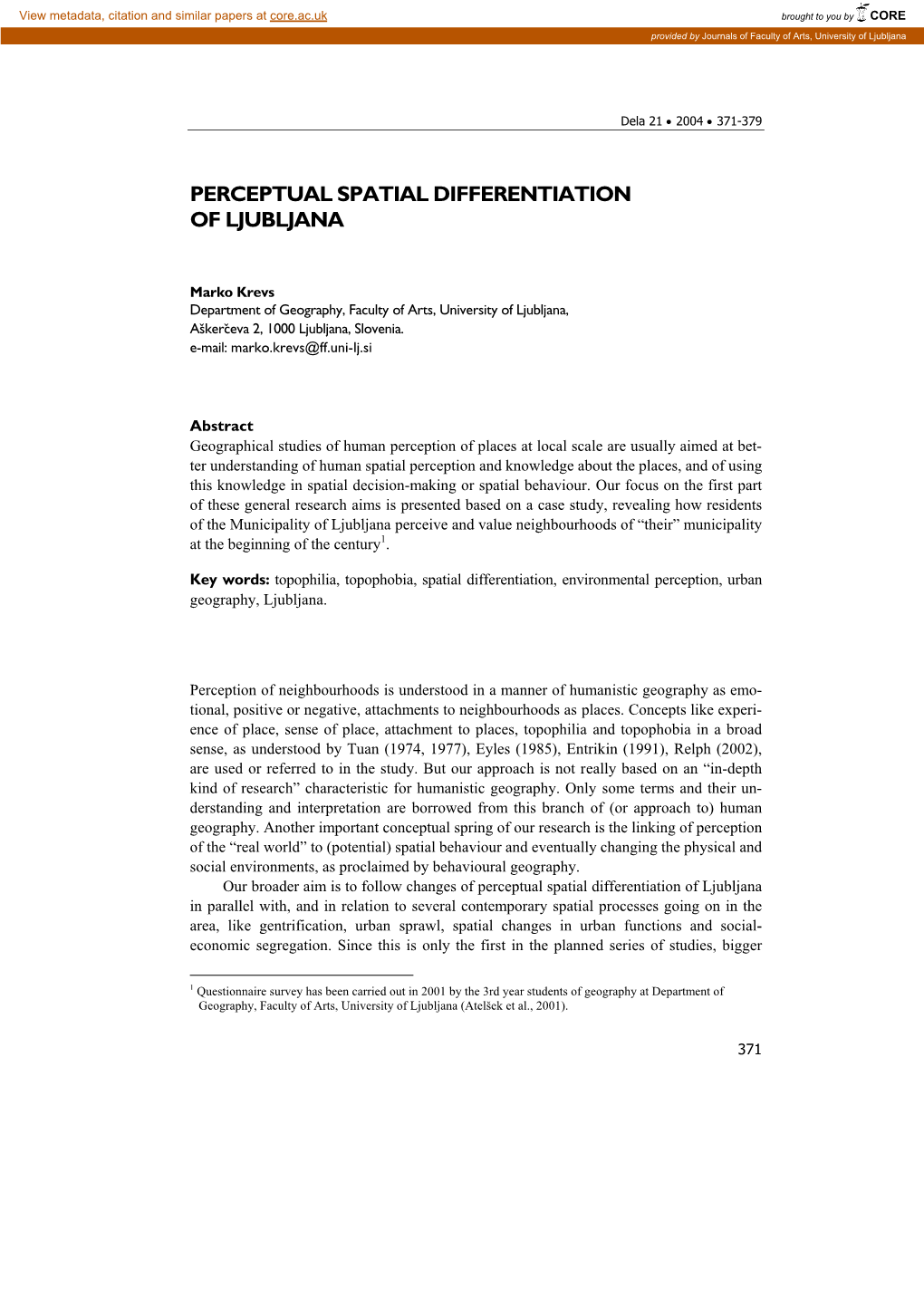 Perceptual Spatial Differentiation of Ljubljana