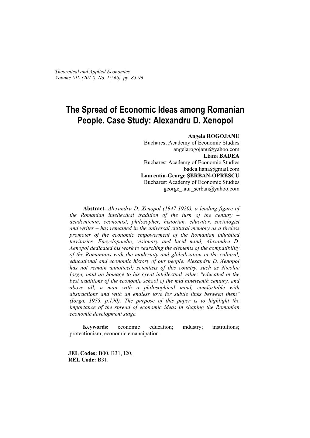 The Spread of Economic Ideas Among Romanian People. Case Study: Alexandru D