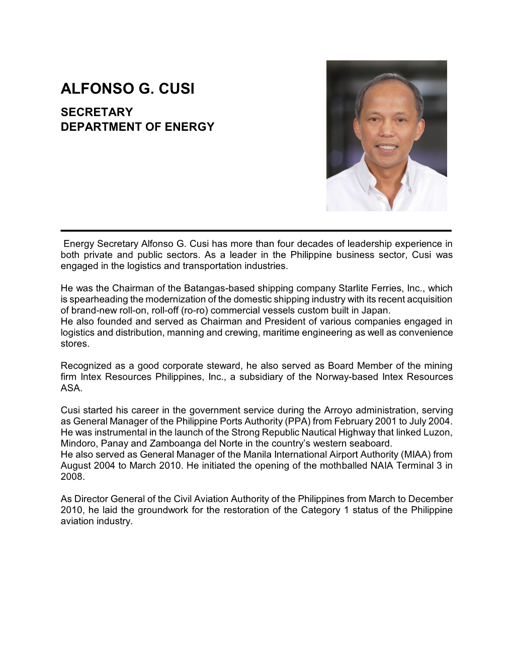 Secretary Alfonso G. Cusi Has More Than Four Decades of Leadership Experience in Both Private and Public Sectors