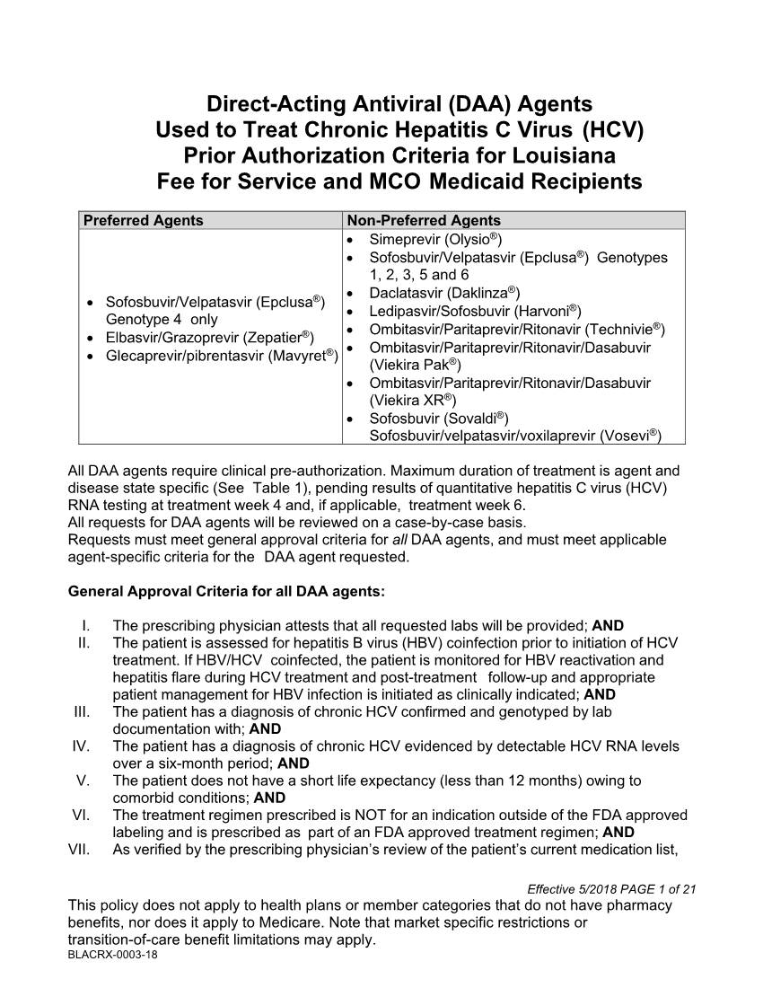 HCV) Prior Authorization Criteria for Louisiana Fee for Service and MCO Medicaid Recipients