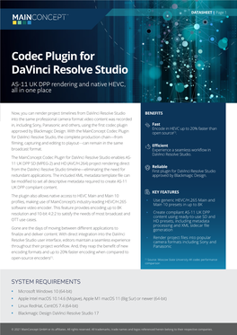 Codec Plugin for Davinci Resolve Studio Datasheet
