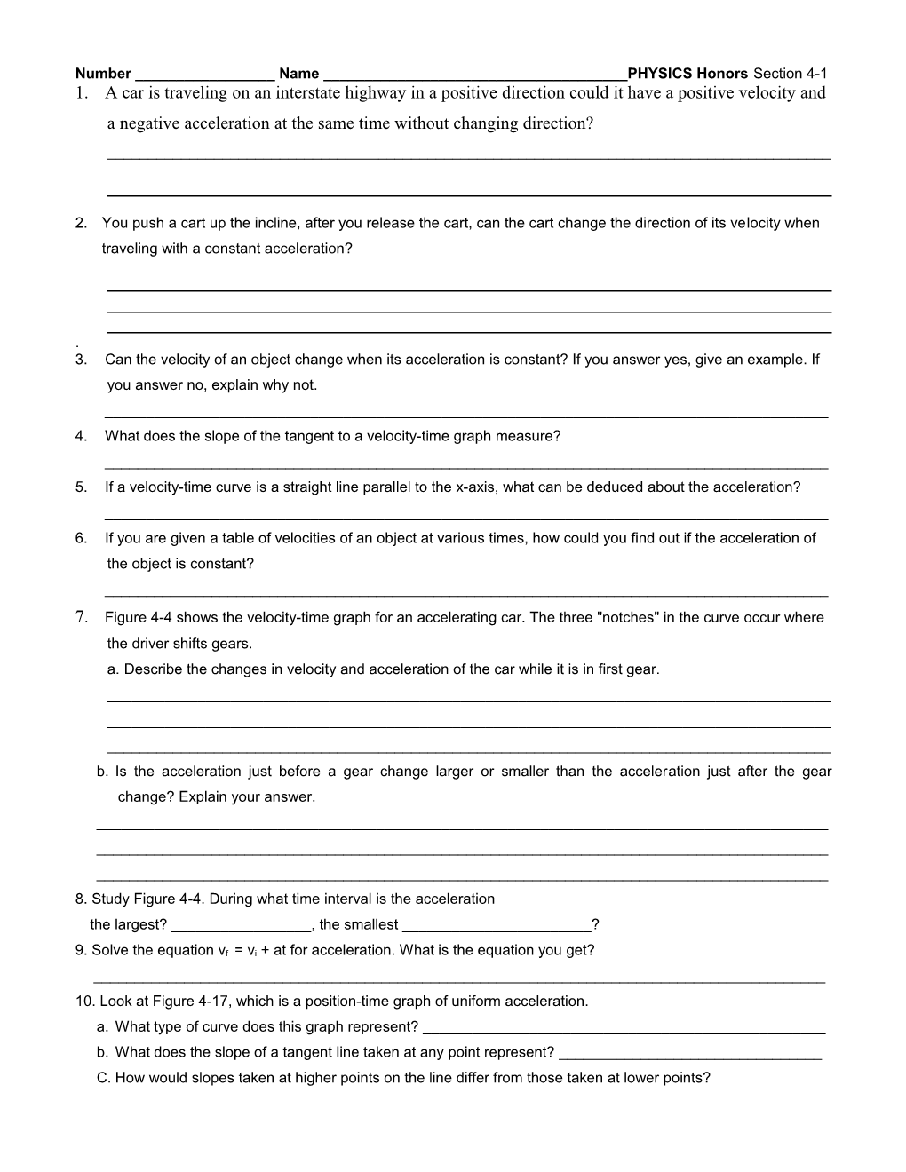 Number ______ Name ______PHYSICS Honors Section 4-1