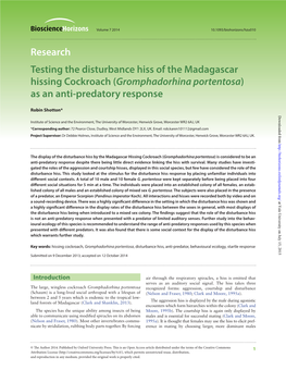 Testing the Disturbance Hiss of the Madagascar Hissing Cockroach (Gromphadorhina Portentosa) As an Anti-Predatory Response