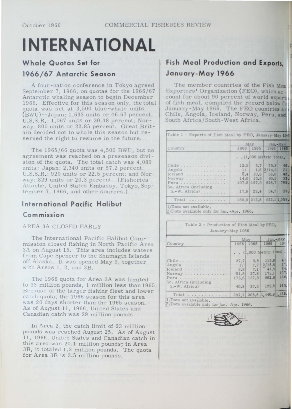 INTERNATIONAL Whale Quotas Set for Fish Meal Production and Exports, 1966/67 Antarctic Season January-May 1966