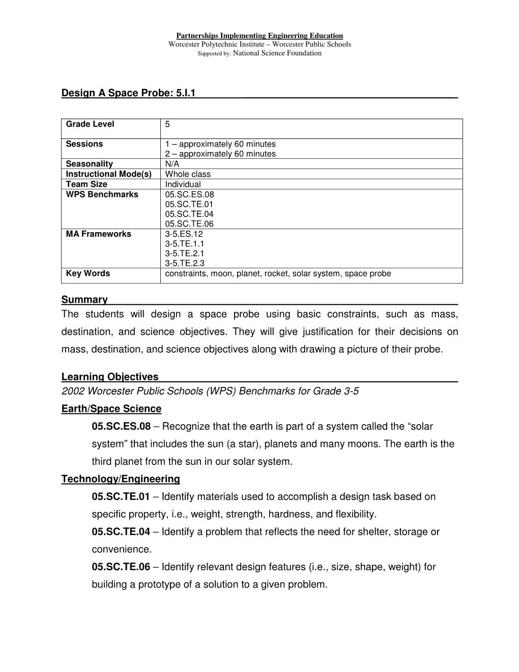 Summary the Students Will Design a Space Probe Using Basic Constraints, Such As Mass, Destination, and Science Objectives