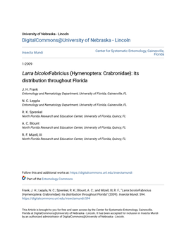 Larra Bicolorfabricius (Hymenoptera: Crabronidae): Its Distribution Throughout Florida