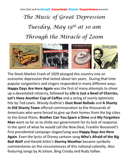 The Music of Great Depression Tuesday, May 19Th at 10 Am