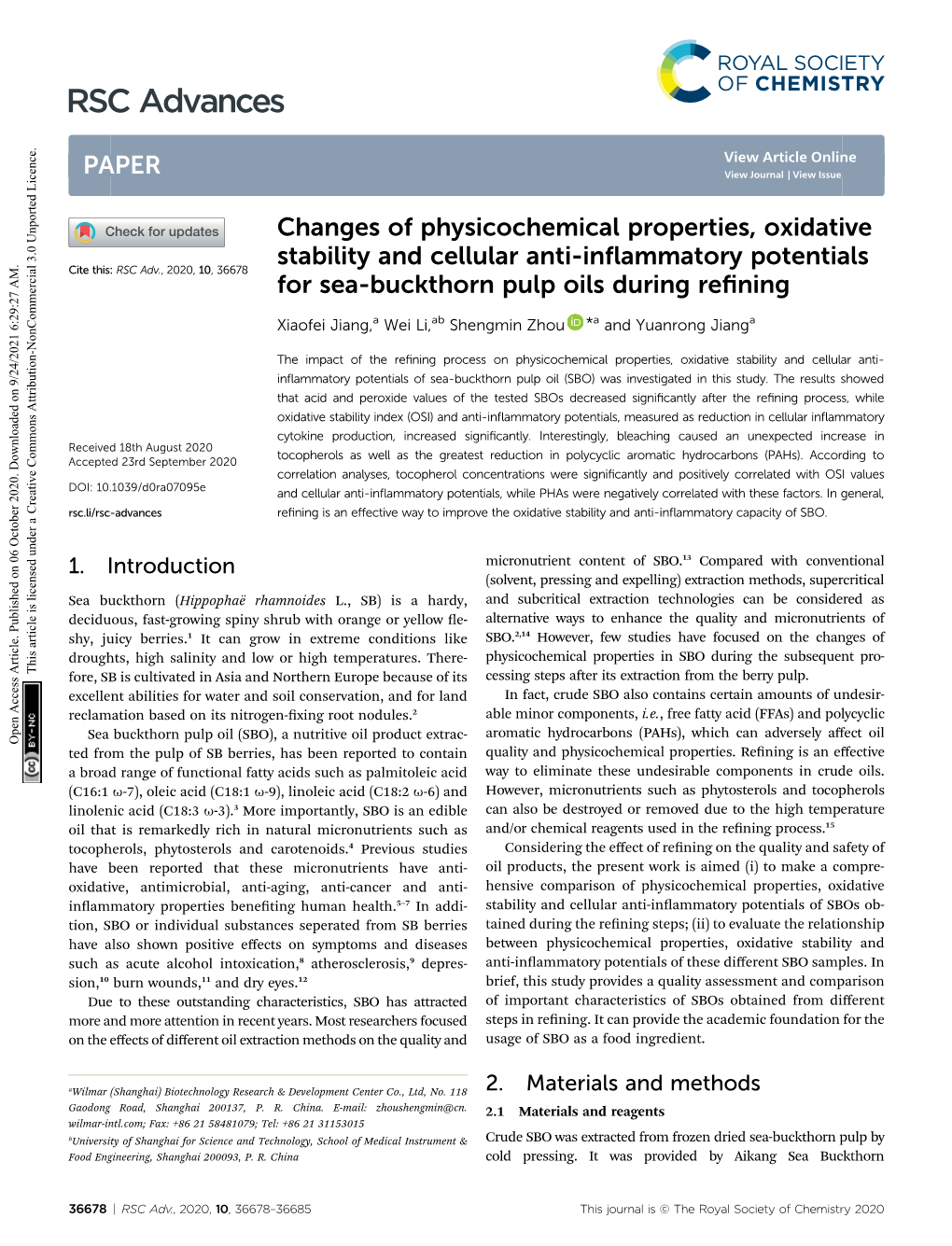 Changes of Physicochemical Properties, Oxidative Stability And