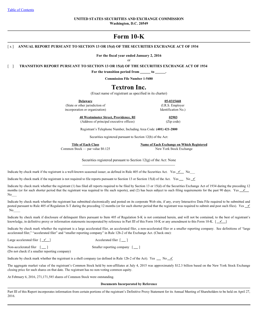 Form 10-K Textron Inc