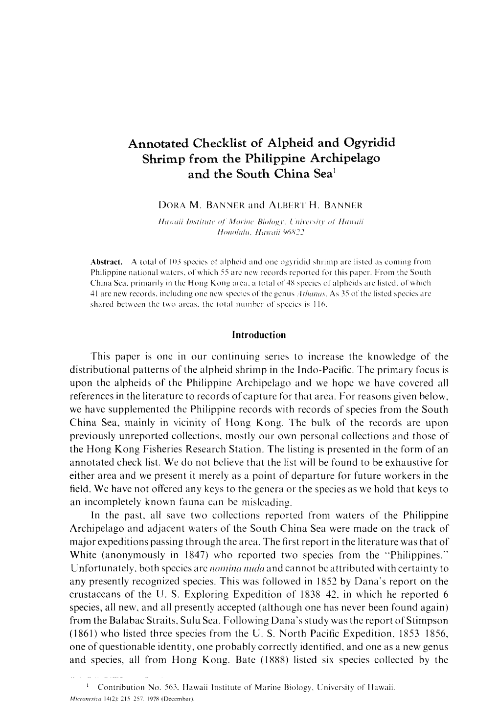 Annotated Checklist of Alpheid and Ogyridid Shrimp from the Philippine Archipelago and the South China Sea1