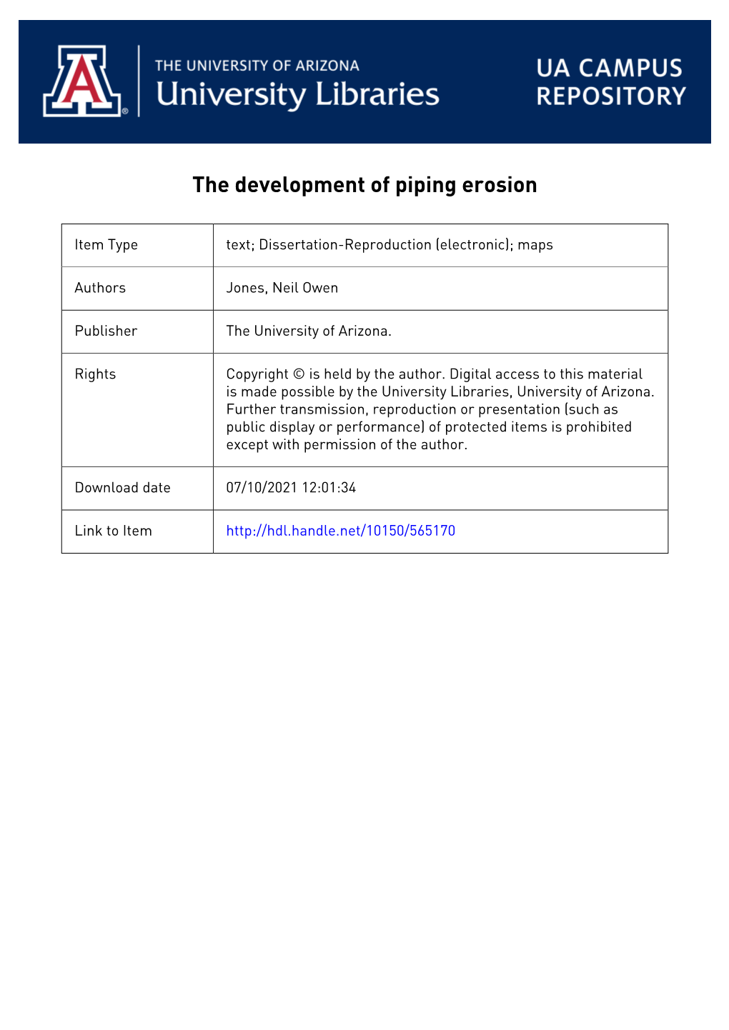 The Development of Piping Erosion