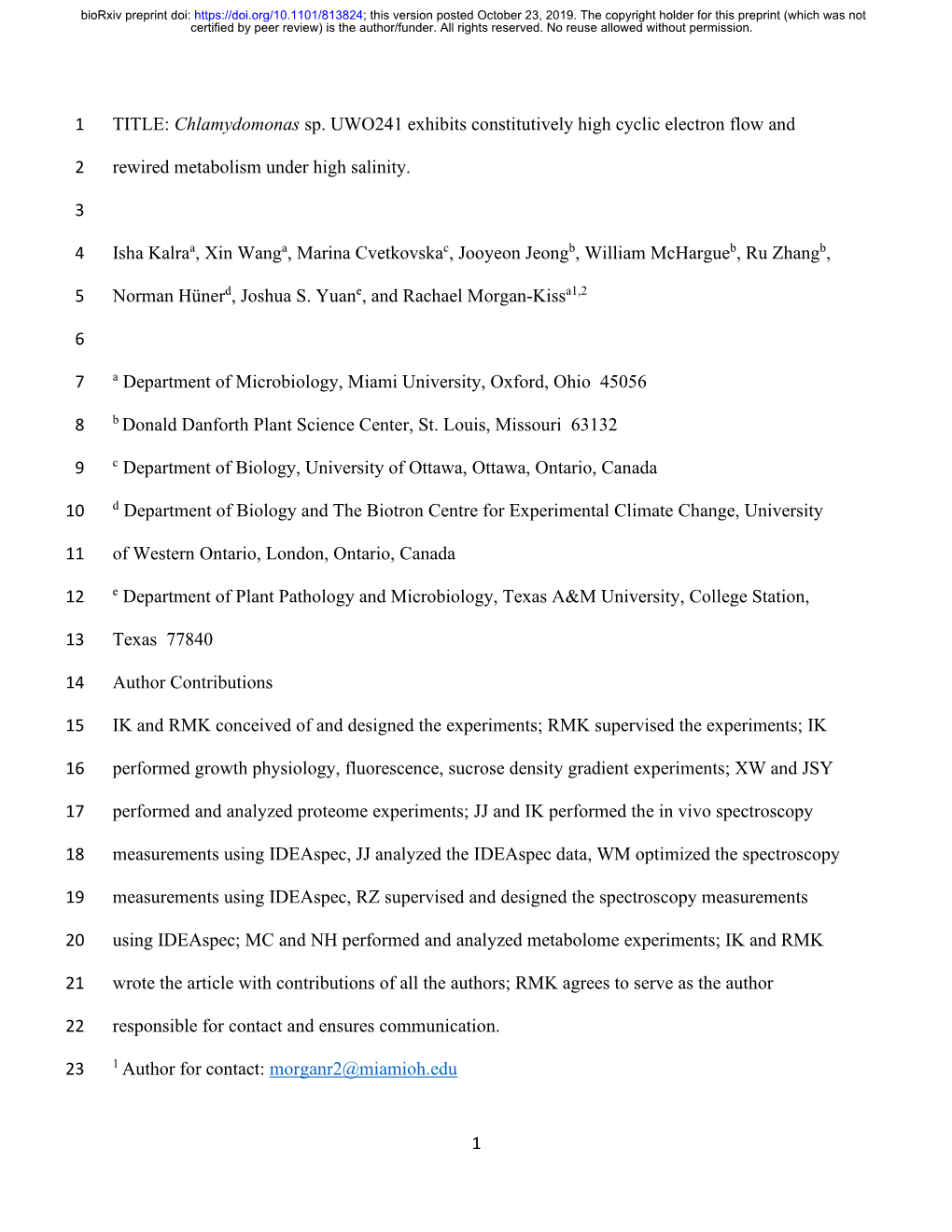 Chlamydomonas Sp. UWO241 Exhibits Constitutively High Cyclic Electron Flow And