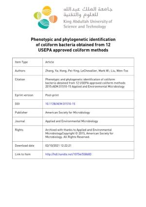 Phenotypic and Phylogenetic Identification of Coliform Bacteria Obtained from 12 USEPA Approved Coliform Methods