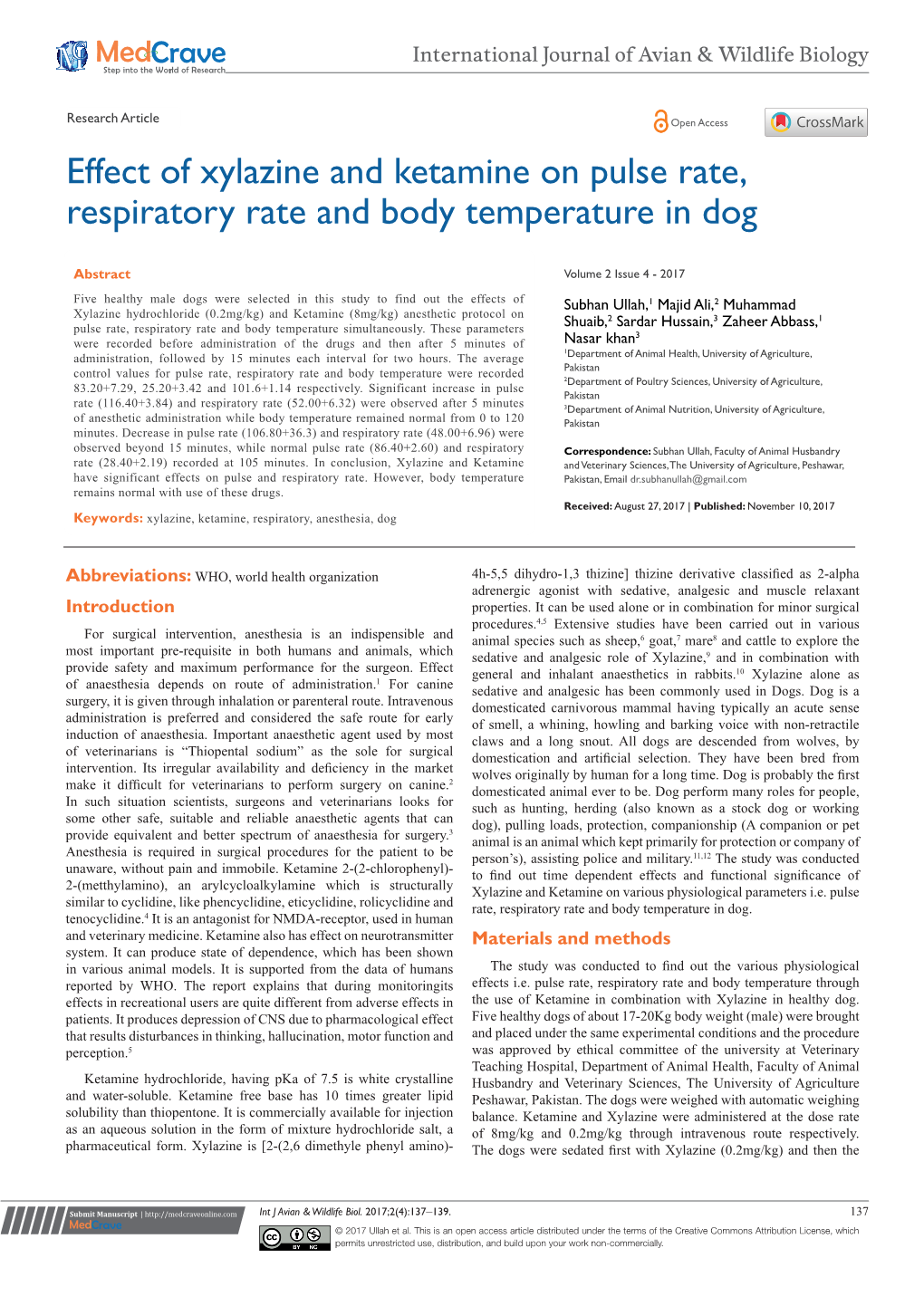 Effect of Xylazine and Ketamine on Pulse Rate, Respiratory Rate and Body Temperature in Dog