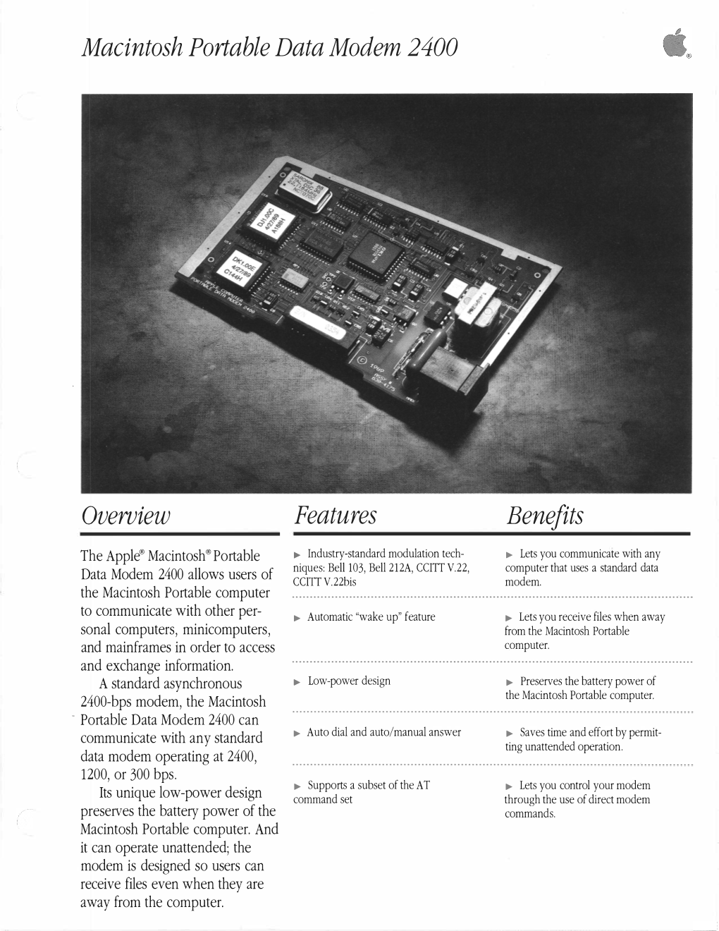 Macintosh Portable Data Modem 2400 Overoiew Features Benefits