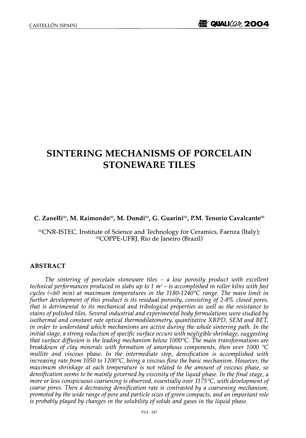 Sintering Mechanisms of Porcelain Stoneware Tiles