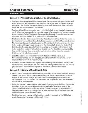 Chapter Summary Southwest Asia