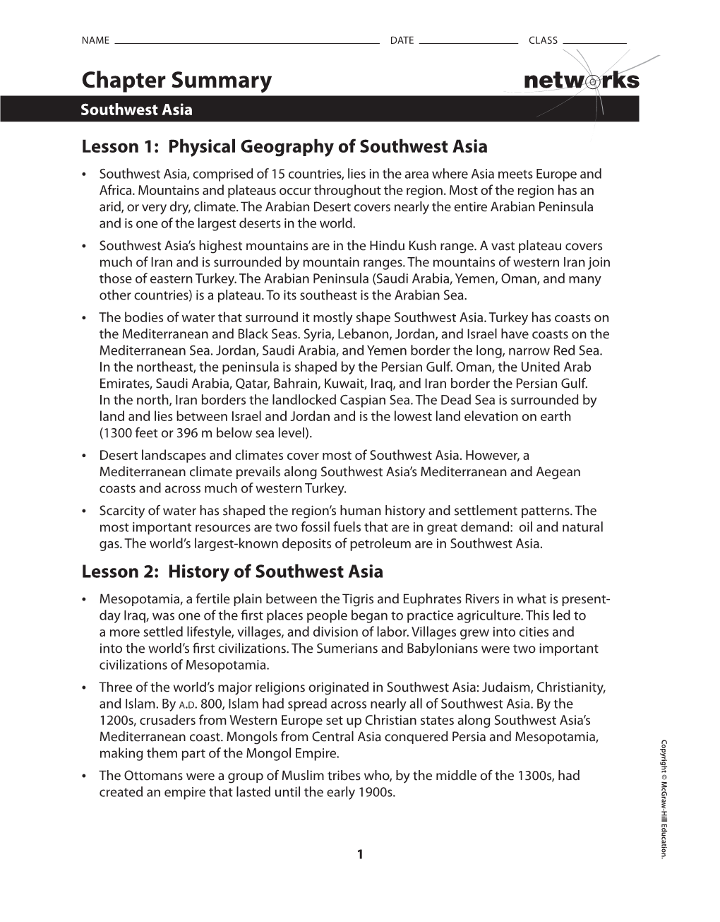 Chapter Summary Southwest Asia