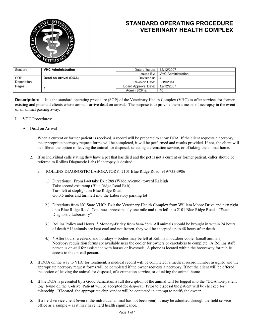 Dead on Arrival (DOA) Revision #: 4 Description: Revision Date: 3/19/2014 Pages: Board Approval Date: 12/12/2007 1 Admin SOP #: 40