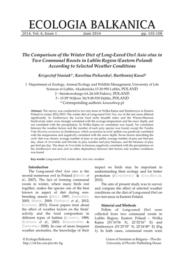 The Comparison of the Winter Diet of Long-Eared Owl Asio Otus in Two Communal Roosts in Lublin Region (Eastern Poland) According to Selected Weather Conditions
