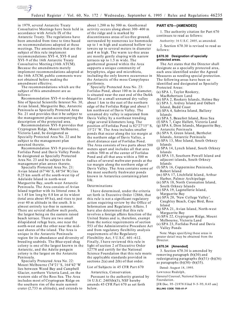 Federal Register / Vol. 60, No. 172 / Wednesday, September 6, 1995 / Rules and Regulations 46235 in 1979, Several Antarctic Treaty About 1,200 M by 500 M