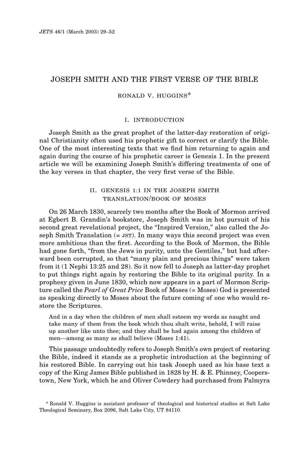 JOSEPH SMITH and the FIRST VERSE of the BIBLE . . . Ronald V. Huggins