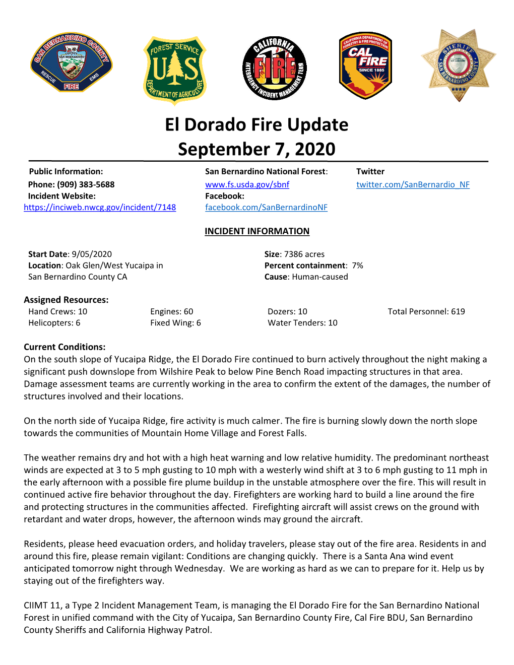 El Dorado Fire Update September 7, 2020