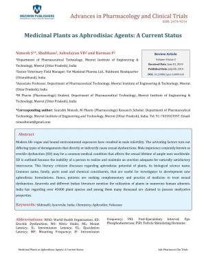 Medicinal Plants As Aphrodisiac Agents: a Current Status