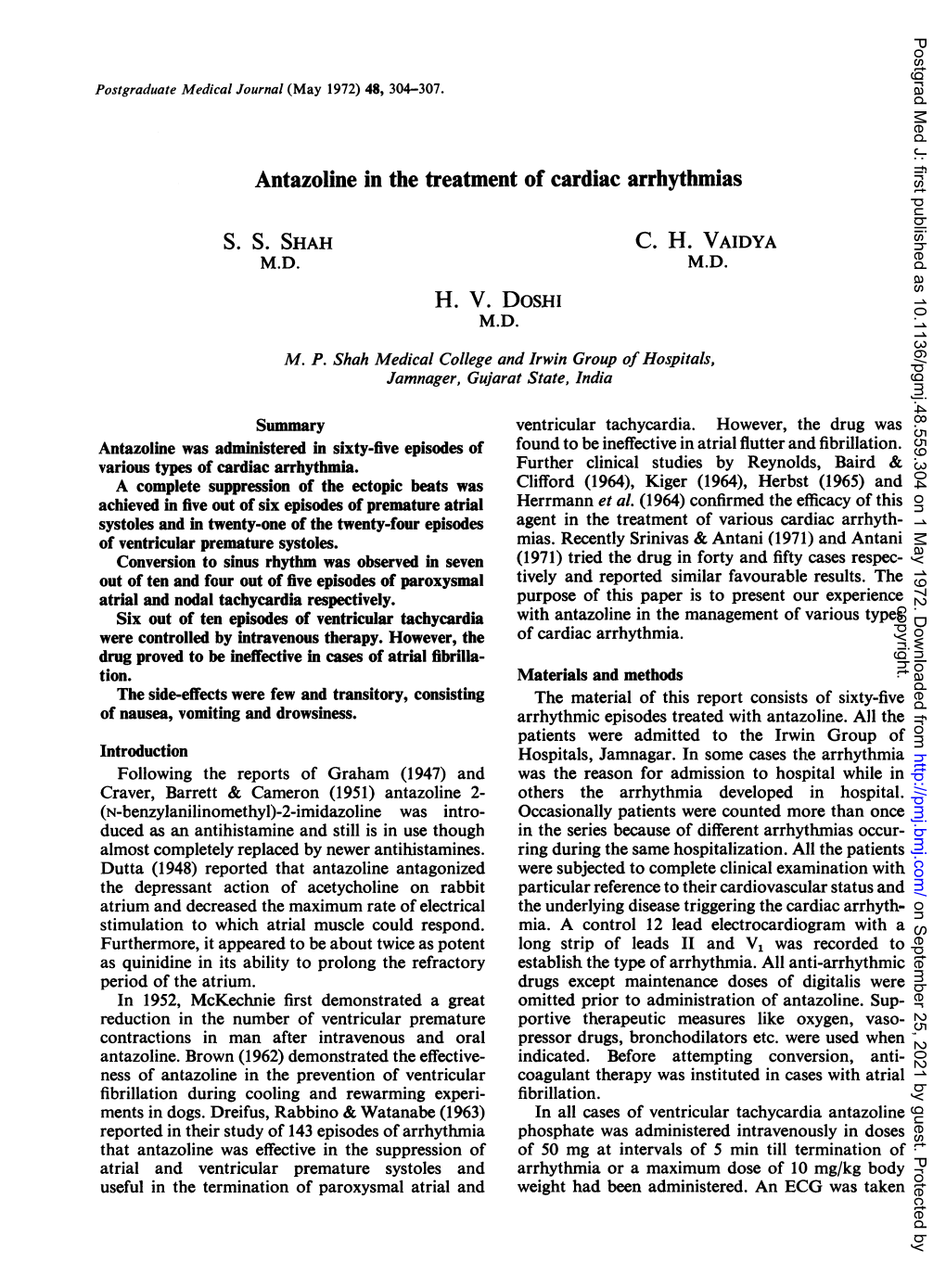 Antazoline in the Treatment of Cardiac Arrhythmias S. S. SHAH C. H