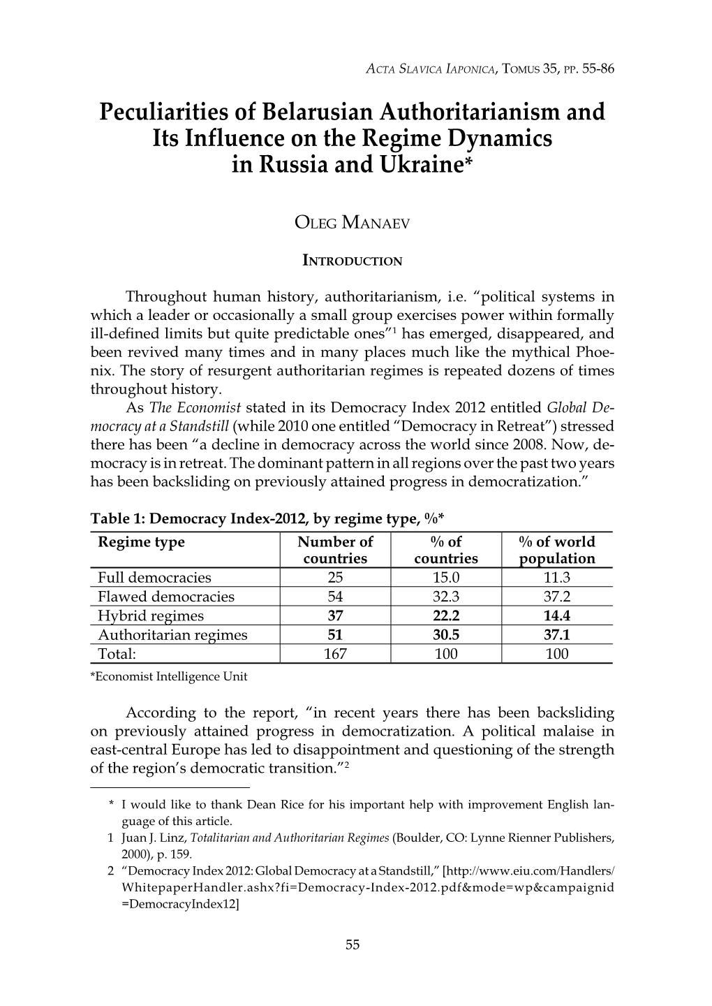 Peculiarities of Belarusian Authoritarianism and Its Influence on the Regime Dynamics in Russia and Ukraine*