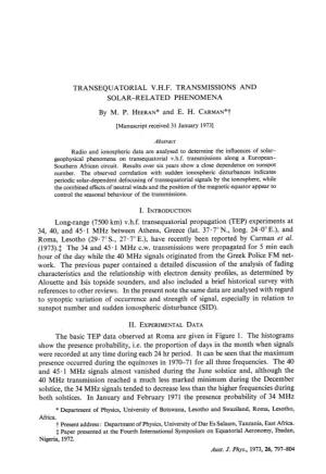 TRANSEQUATORIAL V.H.F. TRANSMISSIONS and SOLAR-RELATED PHENOMENA by M