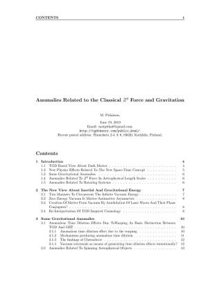 Anomalies Related to the Classical Z0 Force and Gravitation Contents
