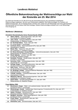 Öffentliche Bekanntmachung Der Wahlvorschläge Zur Wahl Der Kreisräte Am 25. Mai 2014