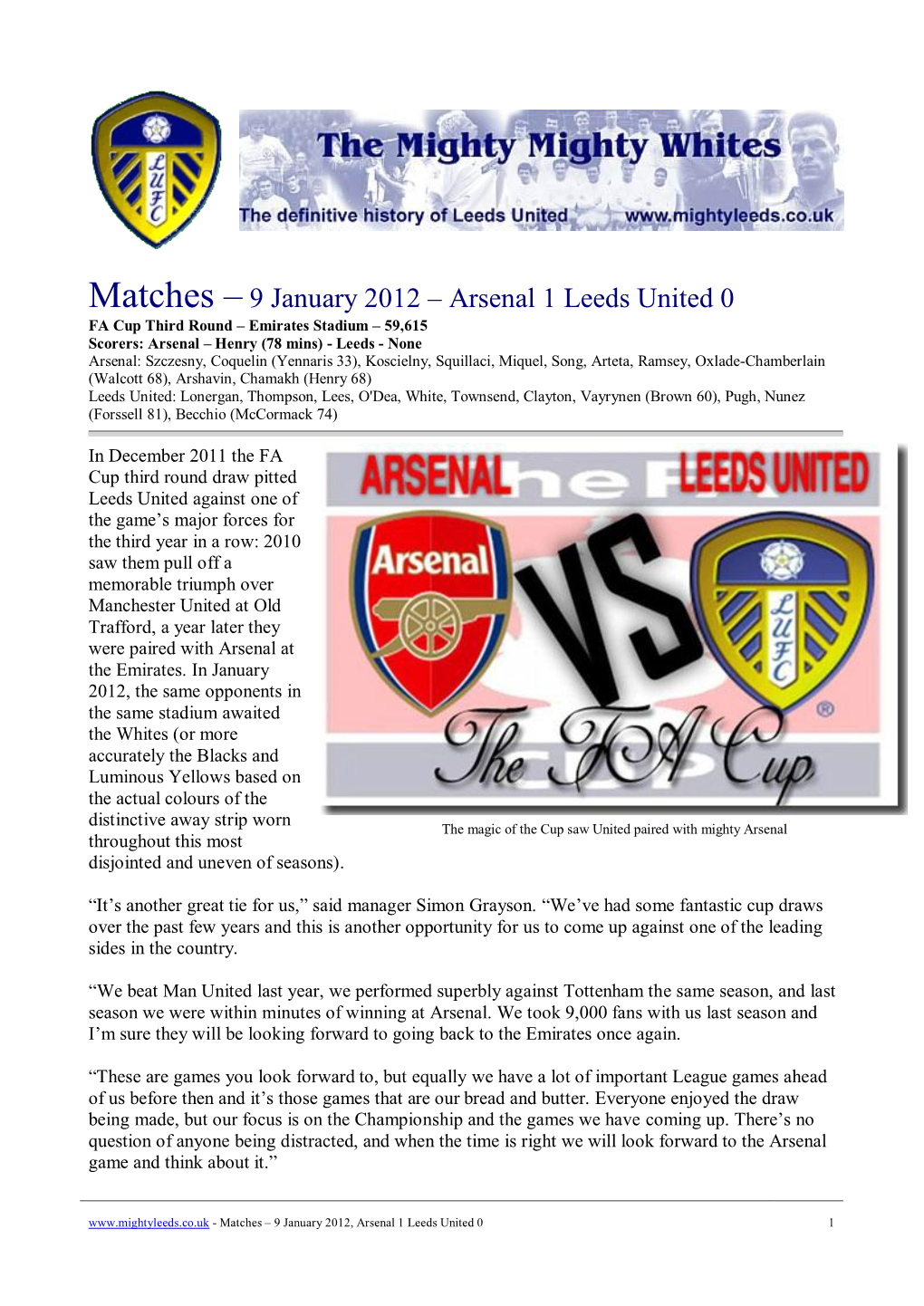 Matches – 9 January 2012 – Arsenal 1 Leeds United 0