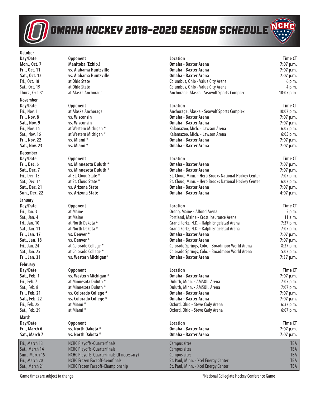Omaha Hockey 2019-2020 Season Schedule
