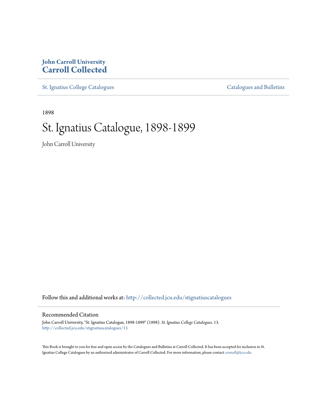 St. Ignatius Catalogue, 1898-1899 John Carroll University